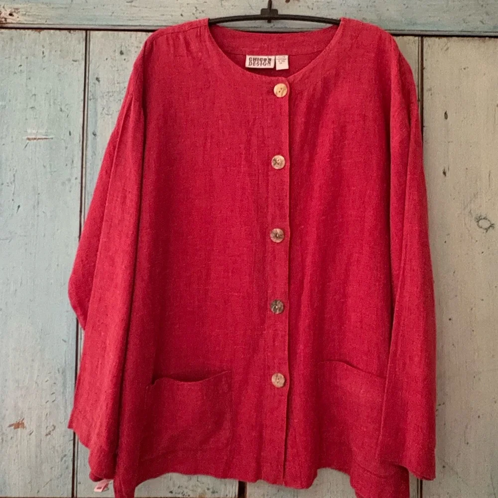 Dark Cherry Red 100% Linen Jacket with 2 patch pockets on front - Picture 9 of 13